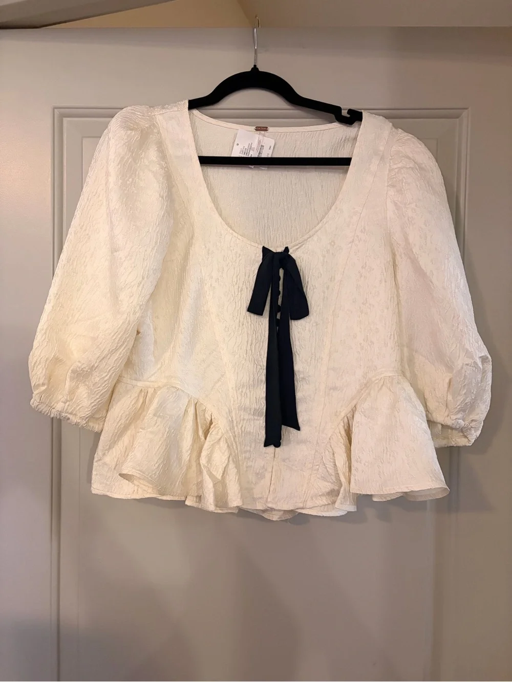 NWT Free People Ivory Jacquard Peplum Bow Blouse Puff Sleeve M